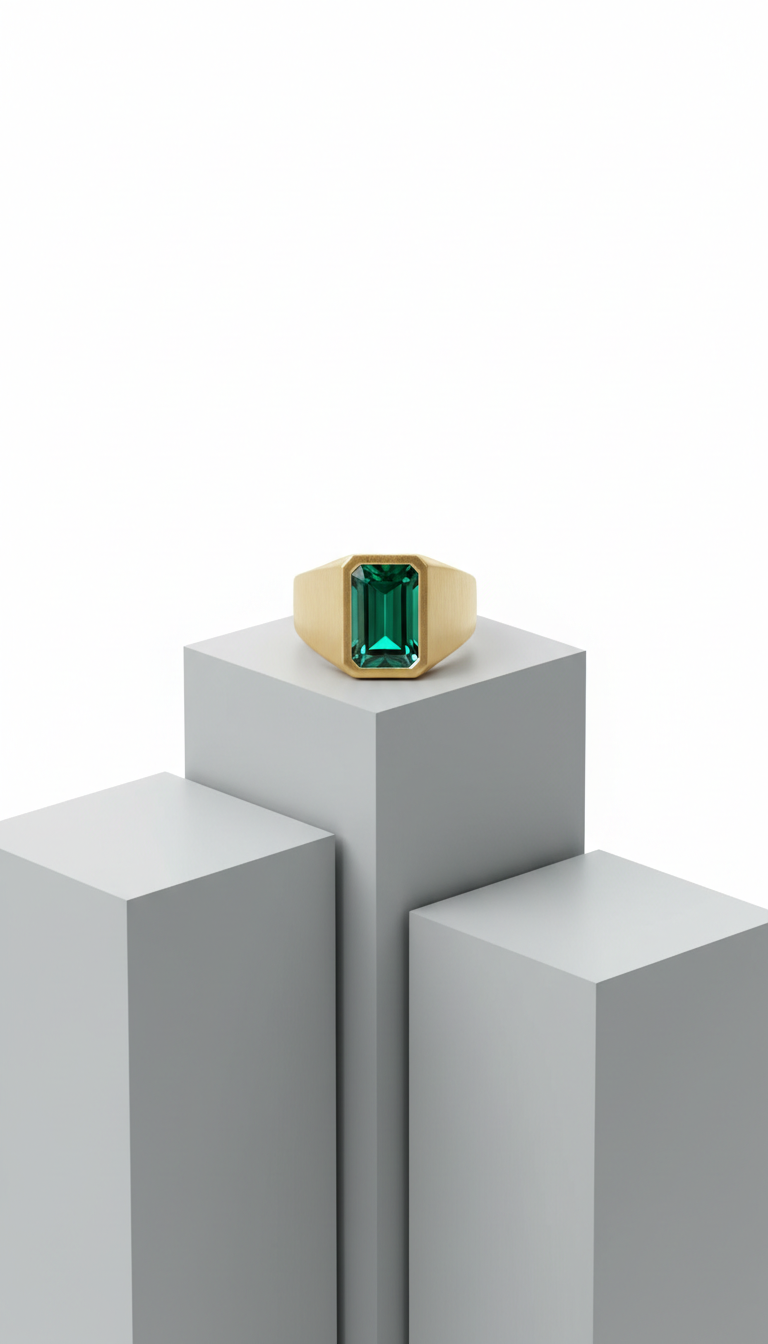 Brushed gold signet ring with emerald